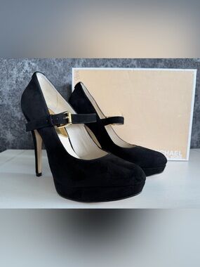 Michael Kors Black Suede Mary Jane Platform Pumps with Gold Buckle